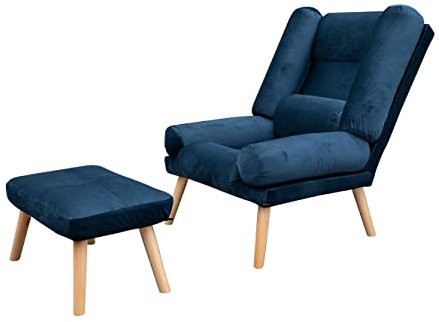 Ohrensessel Dila mit Hocker, Polstersessel, Relaxsessel, Loungesessel, verstellbare Rückenlehne, mit Armlehnen, freie Farbwahl (Dunkelblau Samt)