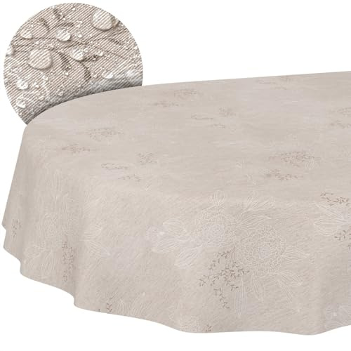 ANRO Tischdecke abwaschbar Japondi Beige oval 260x140 cm In-/Outdoor | schmutz- & wasserabweisend, pflegeleicht – waschbar bei 30 °C – ideal für Garten, Terrasse & Esszimmer