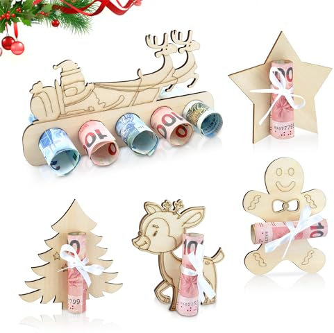 TAKULA 5 Stück Holz Geldgeschenk Weihnachten Set, Geldgeschenke Verpackung Weihnachten-Weihnachtsgrußkarte Tischdeko Weihnachten