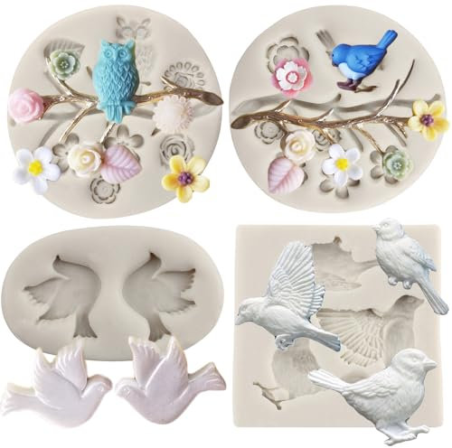 MYPRACS Lot De 4 Moules En Silicone En Forme D'oiseau Hibou Branche D'arbre Fondant Feuilles De Fleurs Moules En Silicone Pour Décoration De Gâteaux Bonbons Résine Argile Chocolat Pâte à Gomme