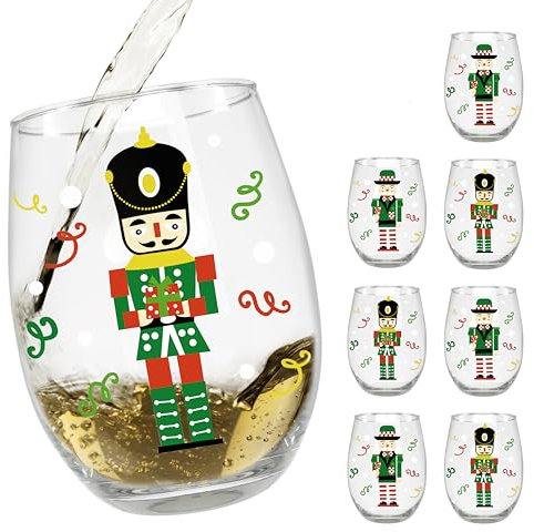 BANBERRY DESIGNS Nutcracker Stemless Wine Glass Set - 8 Glasses with Holiday Toy Soldier Design - 14 oz - 4.75 Tall