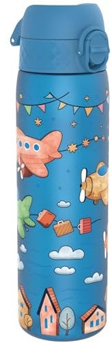 Ion8 Water Bottle, 500ml/18oz, Slim Leak-proof & BPA-Free Drinking Bottle, Secure Lock Prevents Spills, Dishwasher Safe, Carry Handle, Ideal for Adults & Kids - Travel, Gym & School, Blue, Airplanes