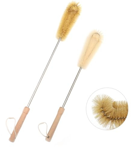 UPTALY 1 brosse à poils extra longs de 61 cm, 1 brosse à bouteille en nylon de 47 cm, tête coudée, manche en bois, avec manche en acier inoxydable de 9 mm, pour grande bouteille, grands récipients