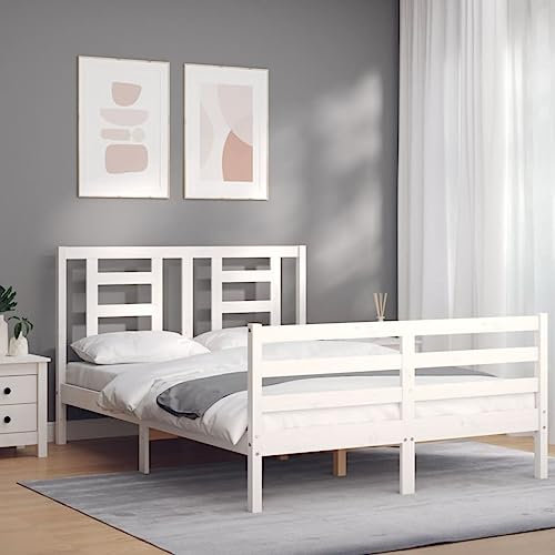 vidaXL Massivholzbett, Bett mit Kopfteil, Doppelbett Holzbett für Schlafzimmer, Bettrahmen Bettgestell mit Lattenrost, Schlafzimmermöbel, Weiß