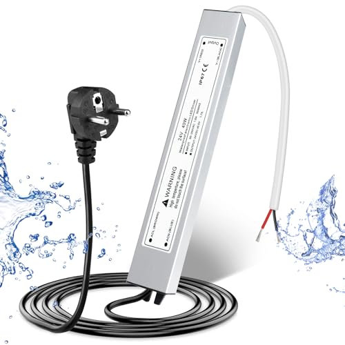 LED Trafo 24V 40W IP67, Outdoor Wasserdicht Transformator mit Stecker, LED Netzteil Treiber 230V auf DC 24 Volt Adapter, LED Driver Außen für LED-Streifen Lampen Strahler Lichtbänder