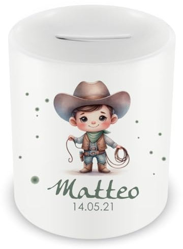 Samunshi® Kinder Spardose mit Namen und Kleiner Cowboy als Motiv für Kinder - Jungen und Mädchen Sparschwein 330ml weiß