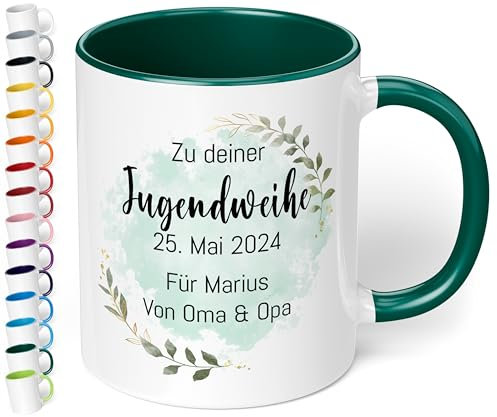 Geschenk zur Jugendweihe Konfirmation für Mädchen & Jungen: Tasse personalisiert „Zu deiner WUNSCHTEXT“ – Blätter-Motiv – Keramik 330ml Kommunion Firmung Taufe (Dunkelgrün)