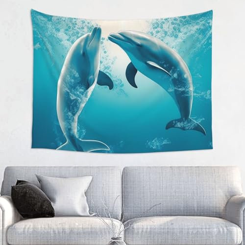 VducK Tapisserie Wandbehang Niedlicher Wandteppich für Schlafzimmer Kuss Delfin Märchen Muster Tapisserie Ästhetische Tapisserie Party Dekor für Wohnzimmer Wohnheim 95 x 73 cm