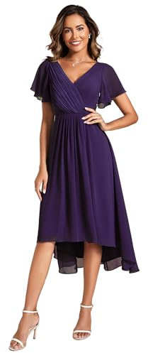 Ever-Pretty Vestito Elegante Donna Cerimonia Manica Corta Collo a V Gonna Midi Viola Scuro 54