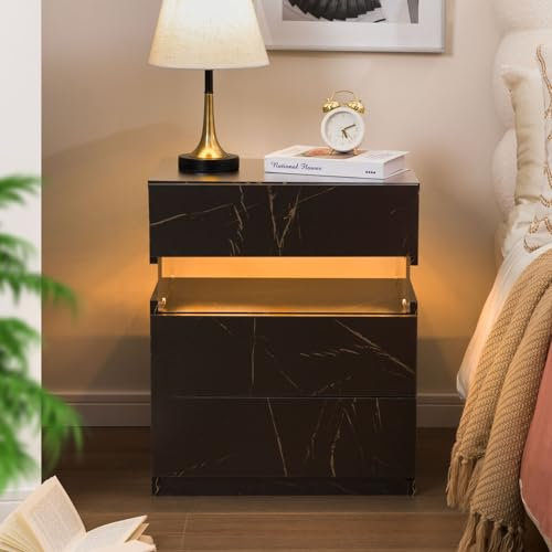 Cubehom Nachttische Nachttisch mit Schublade Schlichter Nachtschrank mit LED Licht Nachtkommode für Schlafzimmer,Schwarz+Gold