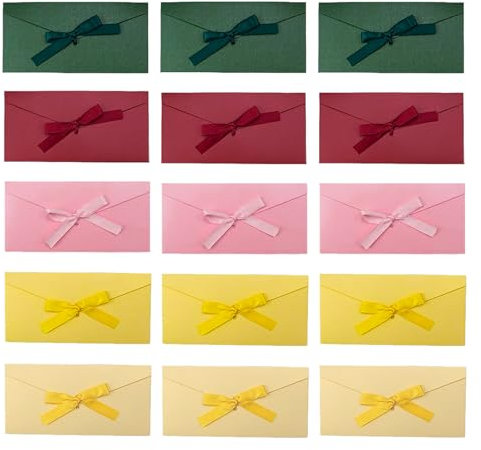 ZoZoMaiy 15 Stück Kraftpapier Umschläge mit Bändern 5 Farben Perlglanz Papier Umschlag Mit Schleife 22 x 11cm Farbige Kraft Briefumschläge für Einladungen, Valentinstag, Thanksgiving, Grußkarten