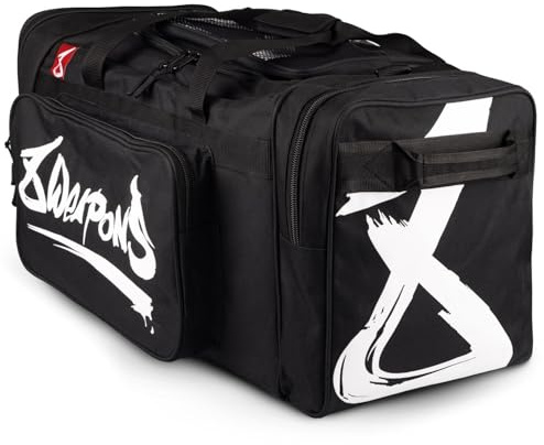 8 WEAPONS Sporttasche, Schwarz-weiß, Hochwertige Kampfsport Trainingstasche, Mit Nassfach, Gym Bag Groß, Ideal für Muay Thai, Thaiboxen, Boxen, K1, Karate, Taekwondo, MMA und Kickboxen