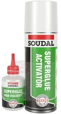 Soudal Mitre Mate Kit Bonding System Kit HIGH VISCOSITY Superglue 50g and Super Glue Activator 200ml Clear Fast Setting Superglue With Accelerator