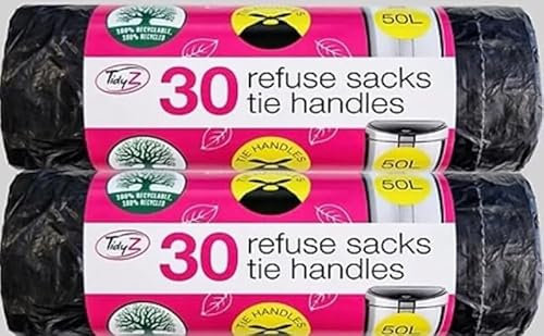 60 Refuse Sacks with Tie Handles Kitchen Liners 50L Extra Strong Black Swing Bin Bags Refuse Waste Rubbish Sacks, 10 x 10 x 10 cm (x2 Pack of 30 Bin Bags each)