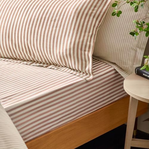 Yard Hebden Midi Stripe Fitted Sheet (Pecan, Super King) | 100% cotton fitted sheet with a soft striped design and breathable comfort