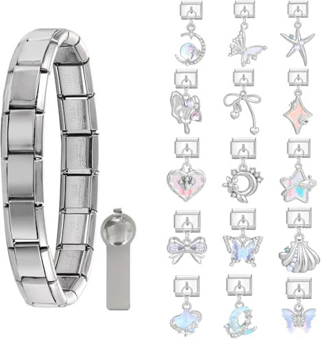 Greenyre 17PCS Italian Charm Bracelet Charms Set,Italian Charms Silber 9mm DIY italienische Armband mit Starter-Armband und Öffnungswerkzeuge,Italian Style Charms Für Damen