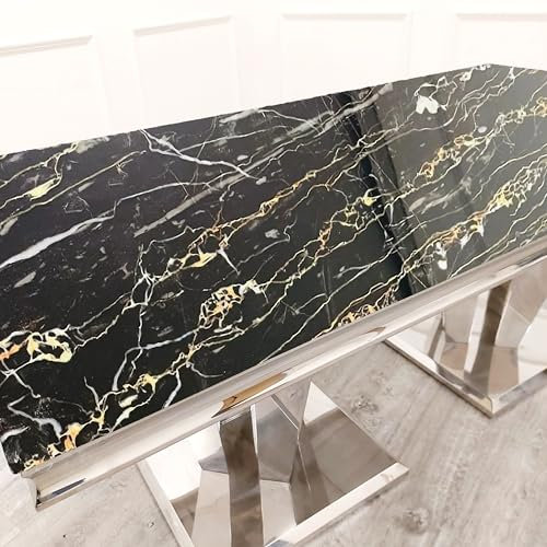 Table de salle à manger Athena de luxe de 1,8 m avec double base en miroir, plateau en marbre ou en verre ; table de salle à manger élégante pour 6 personnes, marbre noir et doré