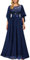 MIUSOL Women's Elegant Sequin Insert Lace Chiffon Scoop Neck Flare Sleeve Evening Prom Formal Long Dress (Small, Round Neck - Navy Blue)