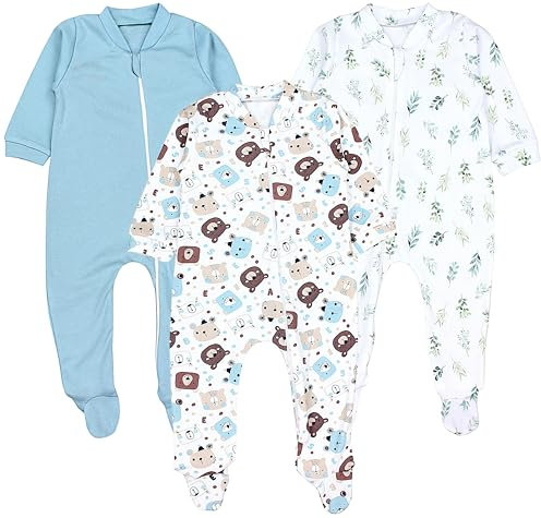 TupTam Baby Unisex Schlafstrampler Mädchen Schlafanzug mit Fuß Jungen Spieler 3er Pack, Farbe: Bärchen Blätter Eisberg, Größe: 56