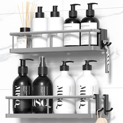 YASONIC Duschablage ohne Bohren Badezimmer Organizer, Duschregal ohne Bohren, Duschhalterung ohne Bohren Shampoo Halterung für Dusche, Badregal ohne Bohren mit 4 abnehmbaren Haken, Grau