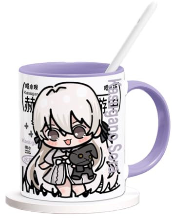 Jilijia Kasugano Sora Mugs - Taza de café de cerámica de anime con tapa y cuchara, 330 ml, diseño de dibujos animados, taza de té con asa (blanco)