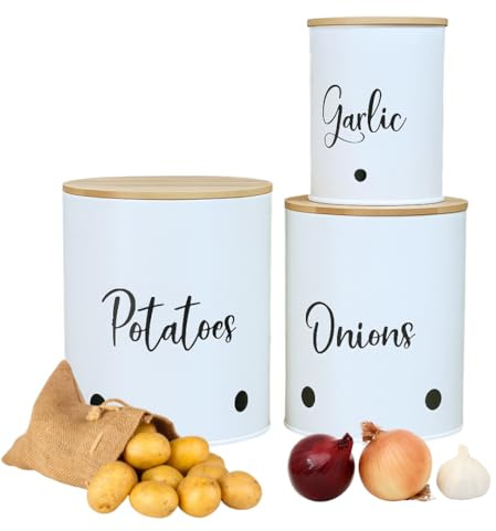 Trendi 3 Pack Vegetable Storage Tins – Stackable White Round Metal Canisters for Potato, Onion & Garlic – Kitchen Pantry Organizer Jars with Bamboo Lids & Air Vents – Cylindrical Fresh Keeper Caddies