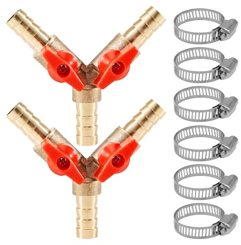 2 Pack 8 mm Brass Y Hose Connector with Ball Valve & 6 Hose Clips | Brass Y hose connector with ball valve and 6 hose clips. Suitable for water, air and gas systems