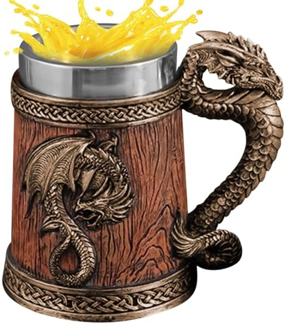 Taza de dragón medieval 501-600 ml jarra de cerveza taza de café de acero inoxidable, recipiente reutilizable para beber recuerdo medieval para bebidas calientes y frías, té cerveza