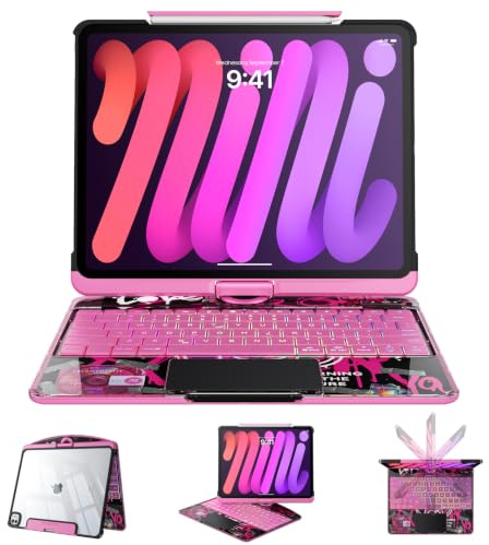 Tiaota Clear Case with Keyboard for mini 7 A17 Pro(2024) & Mini 6 (2021) 8.3, 360°+180° Rotating iPad Keyboard, LCD Display, Pencil Holder, 7-Color Backlit, Multi-Touch Trackpad, Pink