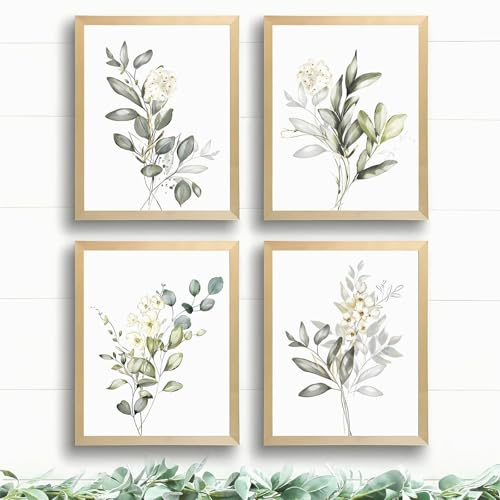 COZERI 4PCS Botanical Art Prints Unframed - Sage Green Watercolor Flower/Leaves Wall Art, Minimalist Green Wall Art for Bedroom/Bathroom/Kitchen, Ideal Posters & Prints for Plant Lovers（8x10 Inch）