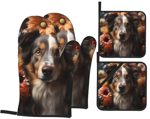 Simpatici guanti da forno da cucina con stampa di cane con fiori, 4 pezzi, perfetti per cucinare, cuocere, grigliare e come regalo di cottura