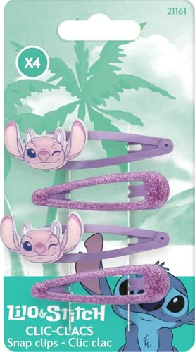DISNEY Stitch - Lot de 4 Pinces à Cheveux Clic Clacs - Angel - Rose & Violet - Coiffure Facile - Tous Types de Cheveux - Produit Officiel