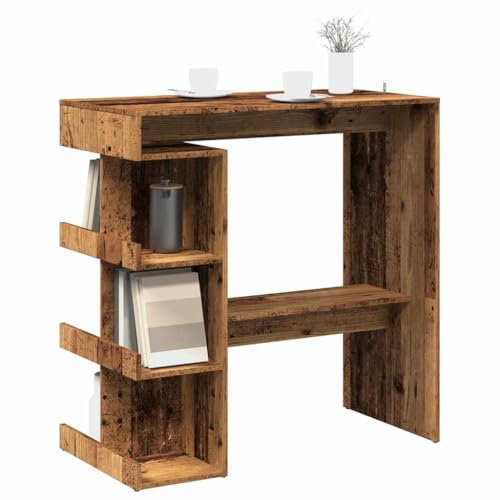 Zeehear Table de bar robuste avec étagère aspect bois vieilli 100 x 48 x 101,5 cm pour cuisine et salle à manger, avec 3 étagères et repose-pieds en bois durable