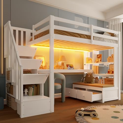 Goldicoo Cama Alta 90x200cm con Escritorio y Estantes, Blanco | Escalera de Almacenamiento, Dos Cajones, Iluminación LED, Madera Contrachapada de Pino MDF, 252x95x157cm