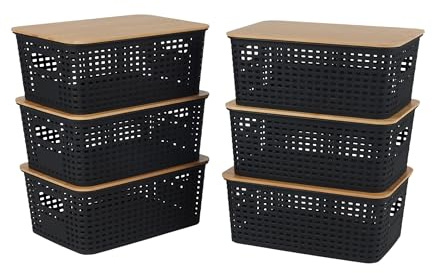 Relaxdays Aufbewahrungsbox, 6er Set, mit Deckel, Kunststoff & Bambus, Griffe, HBT: 10,5x25,5x18 cm, Organizer, schwarz