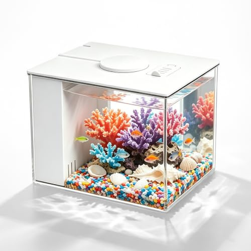Aquarium Complet avec Filtre & Éclairage LED, Mini Aquarium pour Bureau, Salon & Chambre, Aquariums avec Pompe À Eau USB, Système De Filtration Auto-Nettoyant & Filtre Anti-Film Gras, Blanc