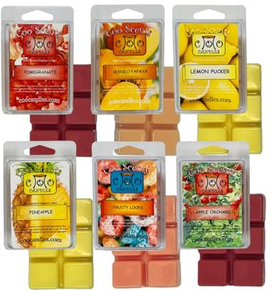 Coo Kerzen 6 Pack Soja Wickless Kerze Wachs Bar Tart schmilzt – fruchtig Pack – Inklusive One 6 Cube Paket von jeder Fruity Loops, Lemon Pucker, Mango Papaya, Granatapfel, Ananas, und Apple orcharf