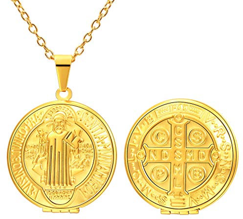 FaithHeart Photo Bilder Amulett vergoldet Saint Benedict Medaille rund Keepsake Medaillon Öffnend Dose Unisex-Halskette Jünger Schnuck 18K karat Gold Plated