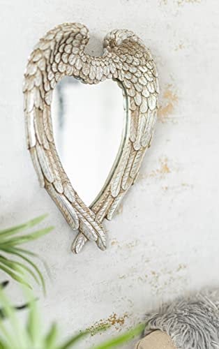 HomeZone Wandspiegel, Vintage-Stil, Shabby-Chic-Stil, verschiedene Engelsflügel, herzförmig, gefedert, abgerundetes Holz, mit Herz-Dekor, Wandmontage, Kunstharz glas holz, gold, Large Angel Wings