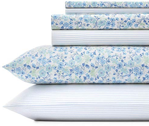 Laura Ashley Ticking Stripe Ultra Soft Baumwollperkal-Bettwäsche-Set, frische und Coole Wohnkultur, Baumwolle Perkal, Jaynie Blau/Weiß, Queen