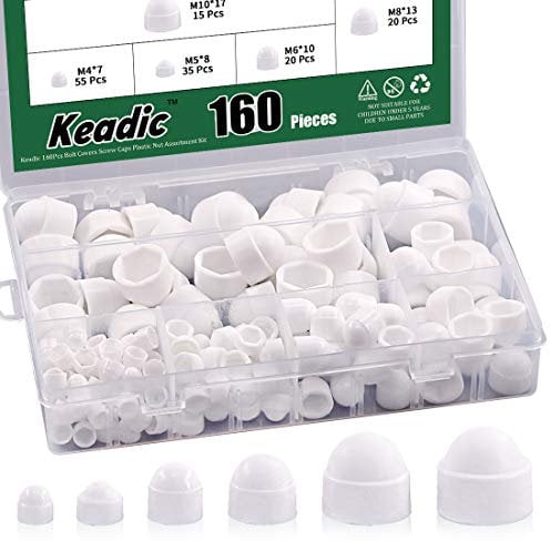 Keadic 160Pcs Bolt Covers Screw Caps Plastic Nut Assortment Kit with Organizer Box, M4 M5 M6 M8 M10 M12 Durable Nylon Insert Locknut for Matching Screws or Bolts, White