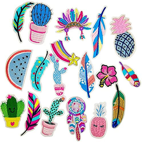 18 Stück Bügelflicken Patches zum Aufbügeln Niedlich zum Aufnähen Bügelaufkleber Bügelpatches Erwachsene und Kinder Pflanzen Obst Cartoon Denim Patches Jeans Kleidung Reparatursatz für DIY Taschen