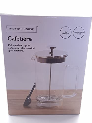 Kirkton House 1 Litre Glass Cafetiere, 8 Cup Capacity, Borosilicate Glass with Black Measurement Spoon