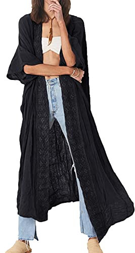 YouKD Kimono lungo da donna, stile boho, cardigan di grandi dimensioni, da spiaggia, copricostume da bagno, D nero, Etichettalia unica