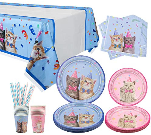 LSJDEER Katze Party Supplies, Kätzchen Party Dekorationen Einweg Geschirr einschließlich Dinnerplatten Dessertplatten Servietten Tassen Stroh Tischdecke - dienen 20