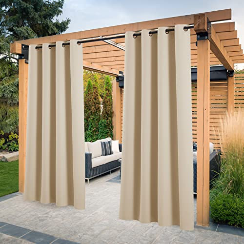 PONY DANCE Pavillon Vorhänge Wetterfest 2er Set Balkon Vorhang Sonnenschutz & Sichtschutz Outdoor Gardinen Wasserdicht Outdoorvorhang mit Ösen, H 243 x B 132 cm, Biscotti Beige