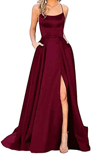 HAHAEMMA Damen Elegant Lange Ballkleider mit Taschen Satin A-Linie Backless Hochzeitskleid Abendkleider Sexy Neckholder Spaghetti Brautkleid Kleider Lang Prinzessin Brautjungfer Kleid (WR-XS)