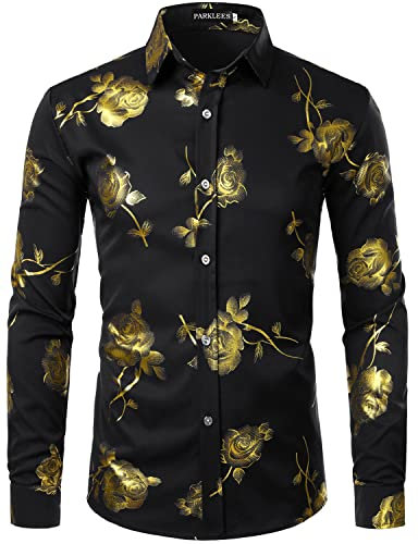 PARKLEES Men's Shiny Gold 3D Rose Print Slim Fit Button Down Dress Shirt for Nightclub Party Black M
