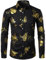 PARKLEES Men's Shiny Gold 3D Rose Print Slim Fit Button Down Dress Shirt for Nightclub Party Black M