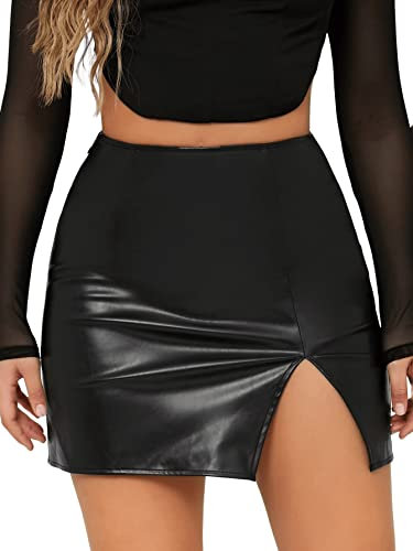 SOLY HUX Damen PU Leder Rock Elegant Röcke Casual Rockabilly Bodycon Freizeitrock Minirock mit Schlitz Schwarz S